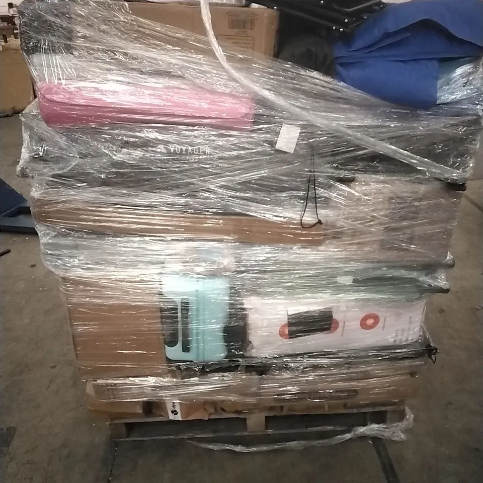 PALLET CONTAINING A LARGE QUANTITY OF ASSORTED HOUSEHOLD GOODS WHICH INCLUDE; SUITCASES, PARASOL BASES, FOLDING CHAIRS, CAMPING CHAIRS ETC