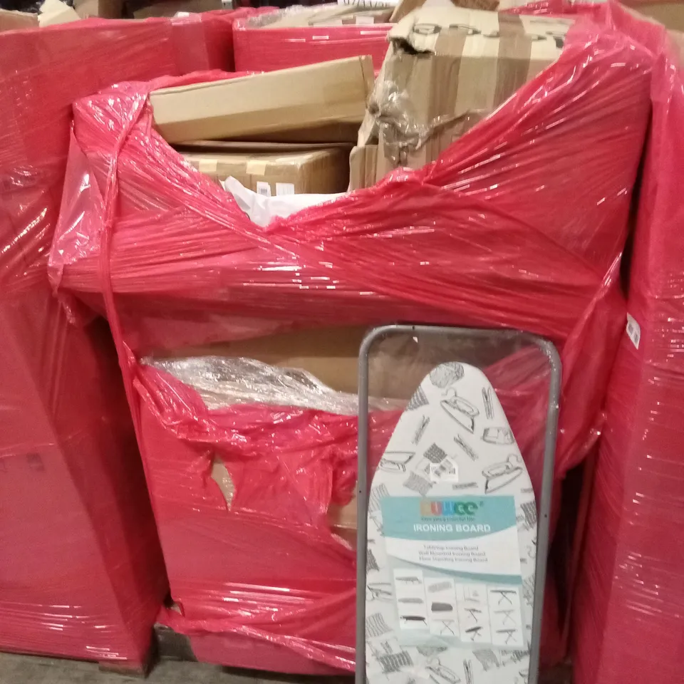 PALLET OF ASSORTED HOUSEHOLD GOODS AND PRODUCTS TO INCLUDE; CONVECTION HEATER, IRONING BOARD, BEDSIDE CRIB. BOXED FURNITURE ETC