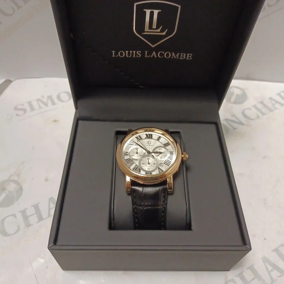 MENS LOUIS LACOMBE CHRONOGRAPH WATCH – MULTI FUNCTION DIAL WITH DATE – ROMAN NUMERAL DIAL – LEATHER STRAP – GIFT BOX