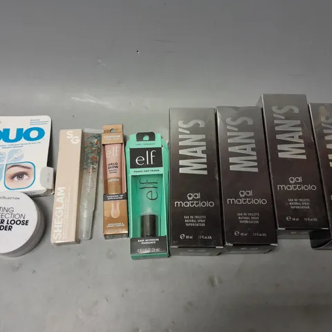 APPROXIMATELY 10 RANDOMLY ASSORTED COSMETIC PRODUCTS TO INCLUDE MAN'S EDT GAL MATTIOLO, ELF POWER GRIP PRIMER, AND SHEGLAM LIPSTICK AND LINER DUO ETC.
