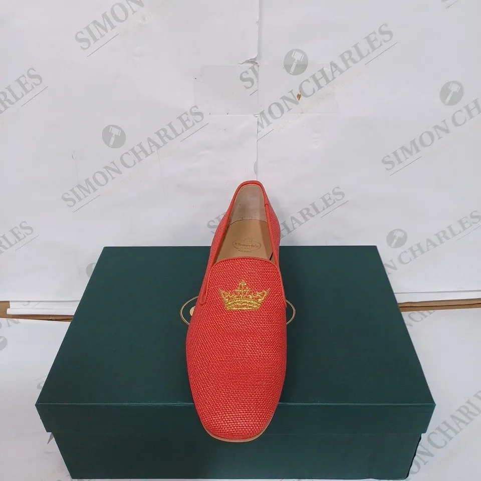 PAIR OF NORTHAMPTON, ENGLAND CHURCH'S FLORAL LINEN SHOES- RED/GOLD / SIZE: 37.5 EU 