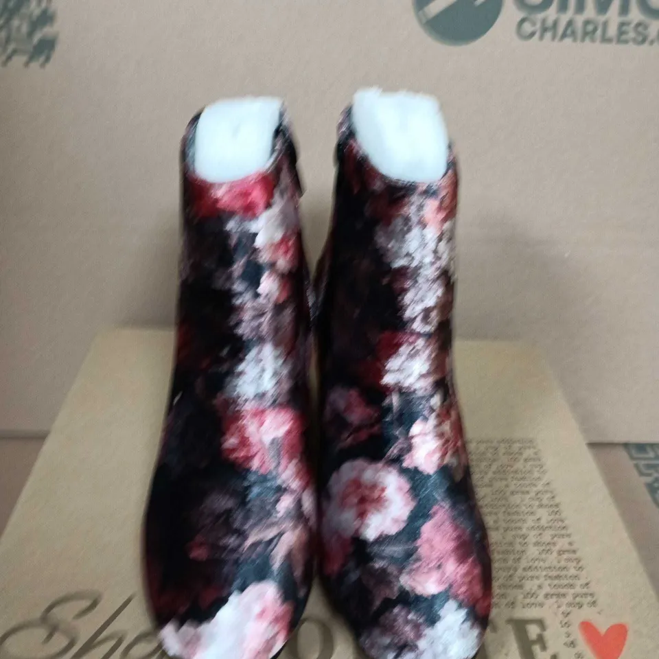 BOXED PAIR OF SHOECOLATE FLORAL PRINT ANKLE BOOTS – SIZE 36