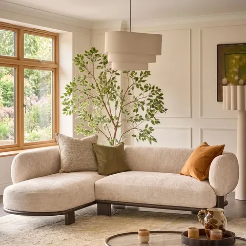 BOXED DANETTI FLORENCE NATURAL FABRIC WITH DARK WOOD LEFT HAND FACING CHAISE SOFA (2 BOXES)