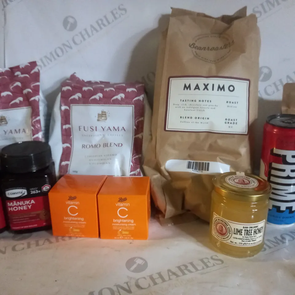 BOX OF APPROX 10 ASSORTED PRODUCTS TO INCLUDE BOOTS VITAMIN C CREAM, PRIME ICE POP ENERGY DRINK, LAND GIRLS SUMATRAN GROUND COFFEE, ETC 
