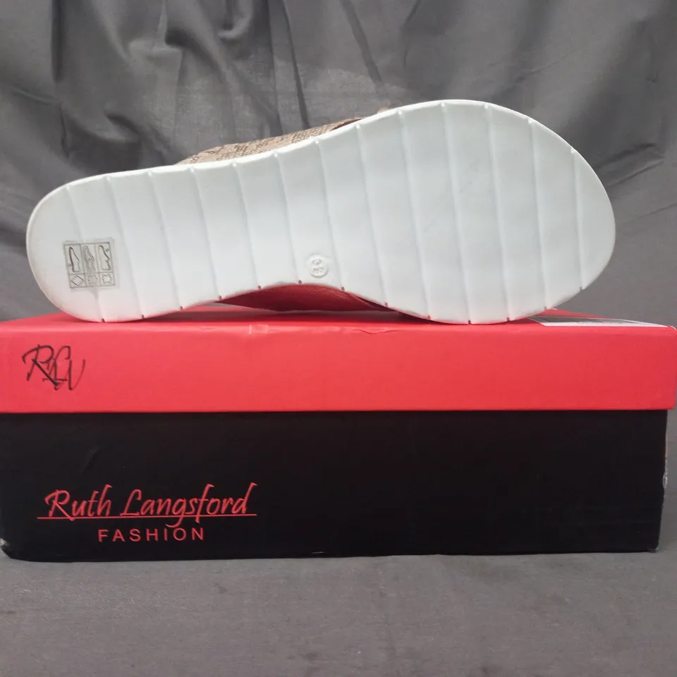 BOXED PAIR OF RUTH LANGSFORD FLAT SANDALS IN METALLIC CHAMPAGNE GOLD SIZE 6