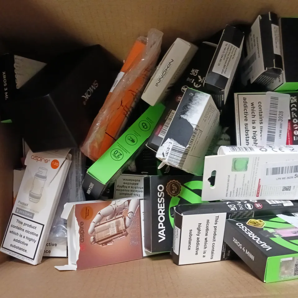 BOX OF APPROXIMATELY 18 ASSORTED E-CIGARETTES TO INCLUDE - VAPORESSO , VOOPOO, SMOK