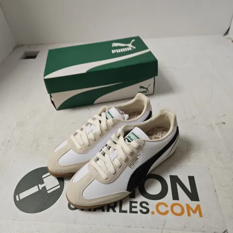 PUMA SNEAKERS – WHITE/BEIGE WITH BLACK STRIPE, UK 3 (EU 35.5) IN BOX