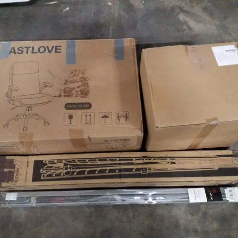 PALLET CONTAINING ASSORTED PRODUCTS TO INCLUDE OFFICE CHAIR, DUAL ZONE AIR FRYER, 4 ARM ROTARY AIRER, VENETIAN BLIND