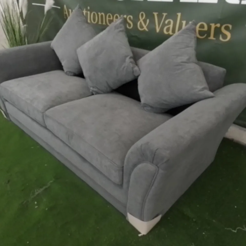 DESIGNER DURY GREY FABRIC THREE SEATER SOFA WITH SCATTER BACK CUSHIONS