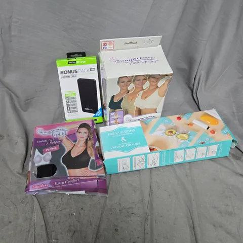 APPROXIMATELY 12 ASSORTED ITEMS TO INCLUDE COMFORTISSE PUSH UP BRA, VACUUM AIR PUMP, TECH CHARGE BONUS PACK, ETC