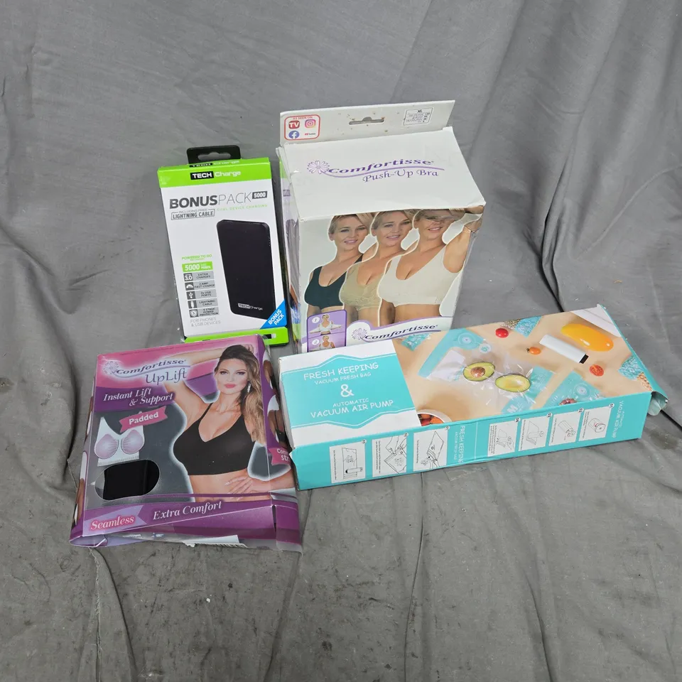 APPROXIMATELY 12 ASSORTED ITEMS TO INCLUDE COMFORTISSE PUSH UP BRA, VACUUM AIR PUMP, TECH CHARGE BONUS PACK, ETC