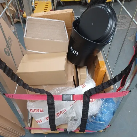 CAGE OF APPROXIMATELY 8 ASSORTED HOUSEHOLD ITEMS TO INCLUDE - STORAGE BOX, SKY BOX, GLASS CHOPPING BOARD, ASH BIN, AND MEOW PARTY BAGS ETC. ETC. - COLLECTION ONLY