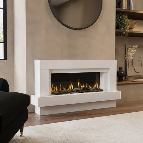 BOXED WHITE FREESTANDING ELECTRIC FIREPLACE WITH SURROUND - 48 INCH - AMBERGLO