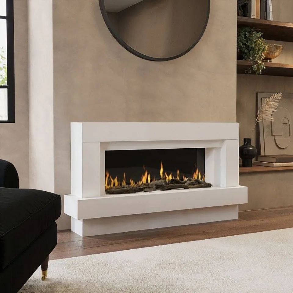 BOXED WHITE FREESTANDING ELECTRIC FIREPLACE WITH SURROUND - 48 INCH - AMBERGLO