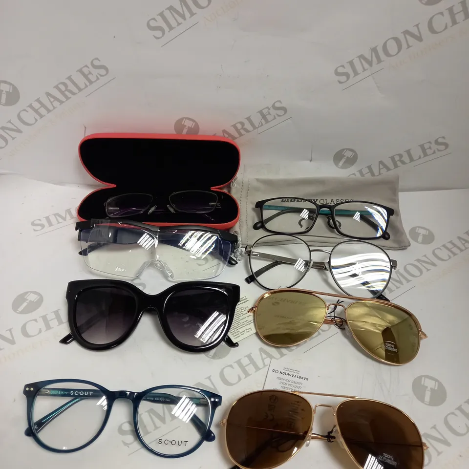 BOX OF APPROXIMATELY 20 ASSORTED PRESCRIPTION SPECTACLES & SUNGLASSES TO INCLUDE SCOUT, LIBERTY GLASSES, SAFETY GLASSES ETC 