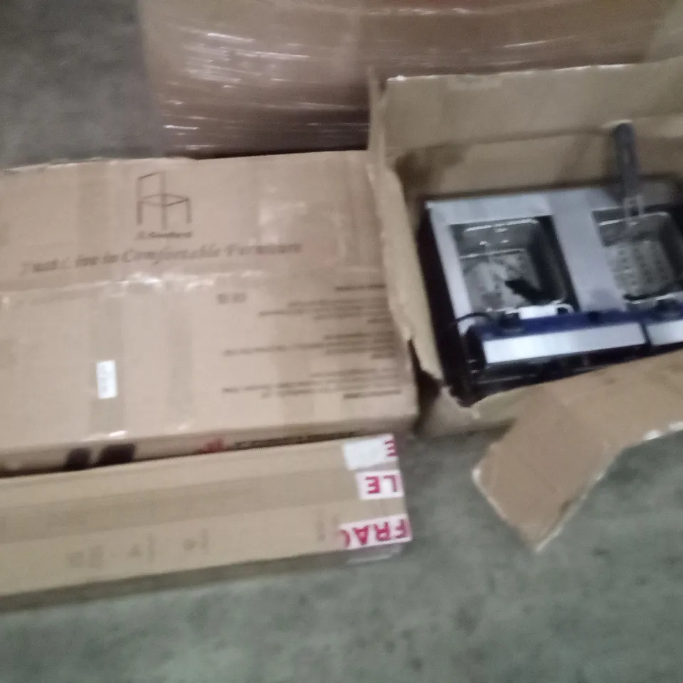 PALLET OF ASSORTED ITEMS INCLUDING DUAL ELECTRIC FRYER, OFFICE CHAIR, 36" SMART TOWER FAN, COOKER HOOD 