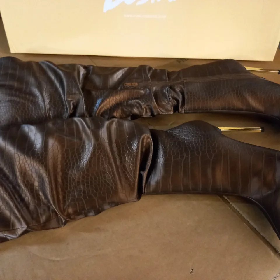 PAIR OF PUBLIC DESIRE BOXED SNAKE SKIN LOOK BROWN PU BOOTS - 8