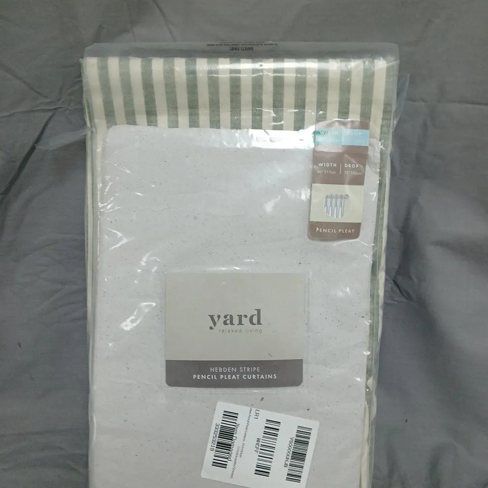 YARD LIVING HEBDEN STRIPE PENCIL PLEAT CURTAINS – GREEN & CREAM - 46" X 72"