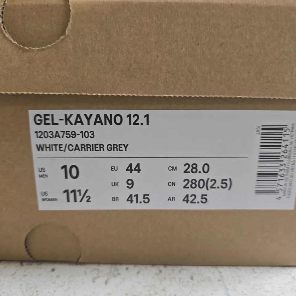 BOXED PAIR OF ASICS GEL-KAYANO 12.1 WHITE/CARRIER GREY RUNNING SHOES – UK 9