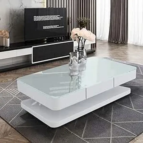 OFCASA 2 DRAWERS COFFEE TABLE WITH GLASS TOP WHITE HIGH GLOSS WOOD STORAGE COFFEE TABLE FOR LIVING ROOM HOME OFFICE