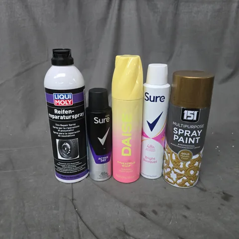 APPROXIMATELY 16 ASSORTED AEROSOLS TO INCLUDE LIQUI MOLY TIRE REPAIR SPRAY, SURE ACTIVE DRY, DAISE PINEAPPLE WHIP BODY WASH, ETC - COLLECTION ONLY