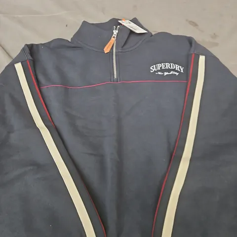 SUPERDRY NAVY HALF‑ZIP SWEATSHIRT DARK NAVY WITH CREAM STRIPES – SIZE 10