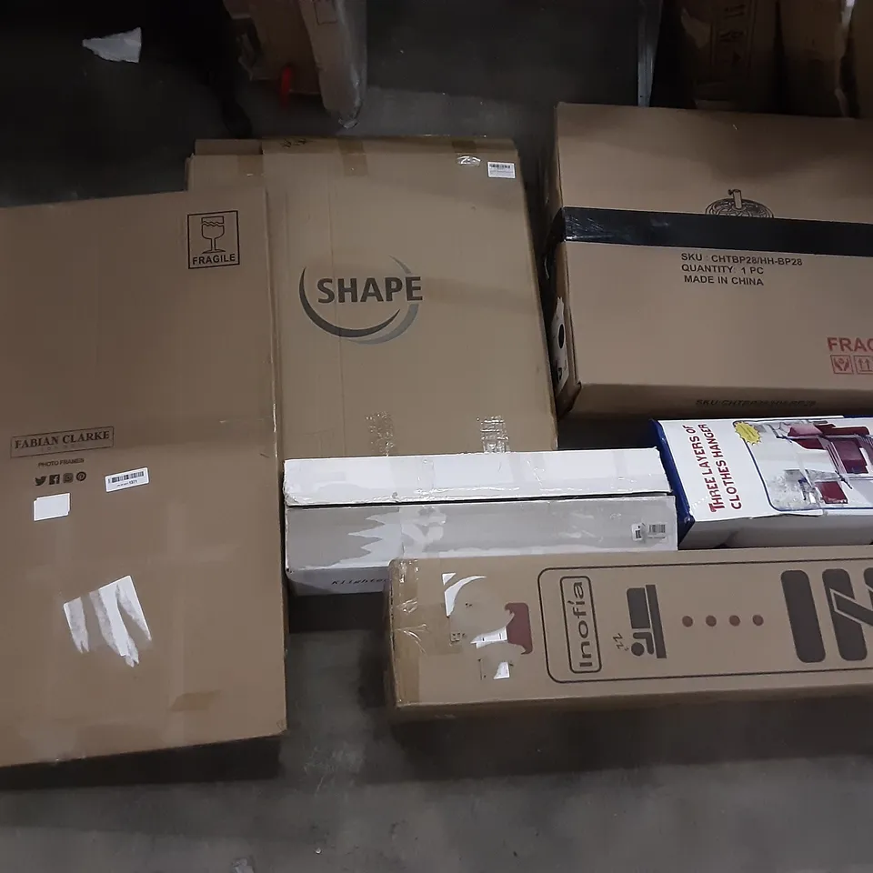 PALLET OF ASSORTED PRODUCTS INCLUDING FABIANS CLARKE PHOTO FRAMES, INOFIA, SHAPE HALF BALANCE BALL WITH RESISTANCE BANDS, 3 LAYER CLOTHES RACK HANGER, ELECTRIC HEATER, IKEA