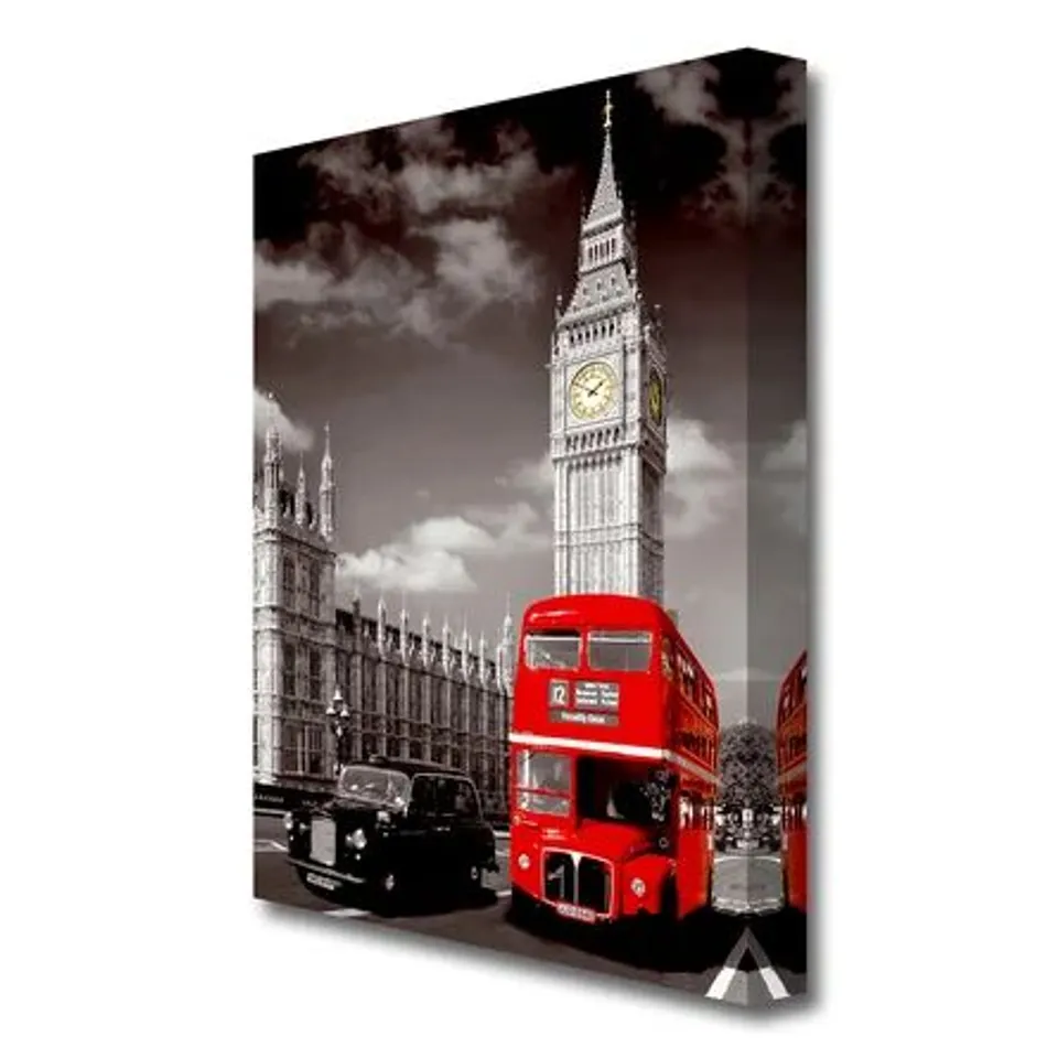 BOXED RED LONDON BUS WITH BIG BEN- WRAPPED CANVAS WALL ART PIECE (1 BOX)