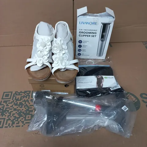 APPROXIMATELY 10 ASSORTED ITEMS TO INCLUDE LIVMORE CLIPPER SET, JO&JOE SANDALS, WALKING STICK, ETC
