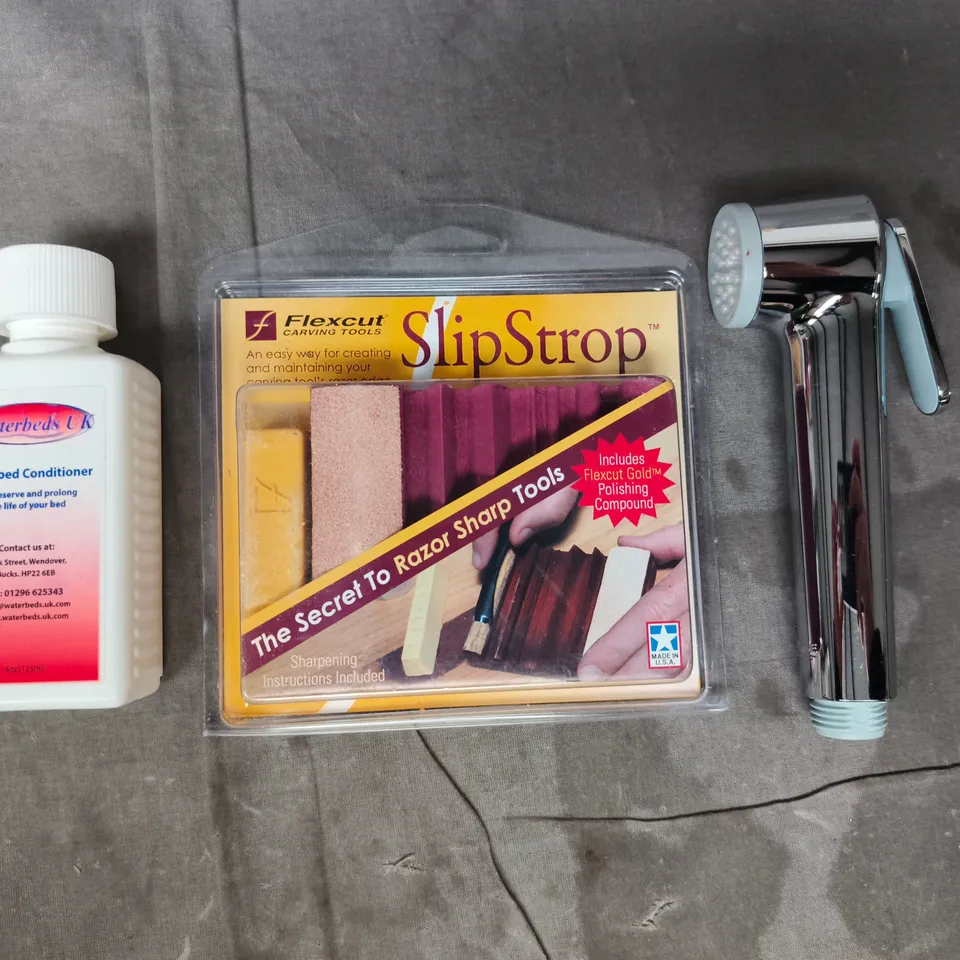 APPROXIMATELY 10 ASSORTED HOUSEHOLD ITEMS TO INCLUDE WATERBED CONDITIONER, SLIPSTROP, ETC