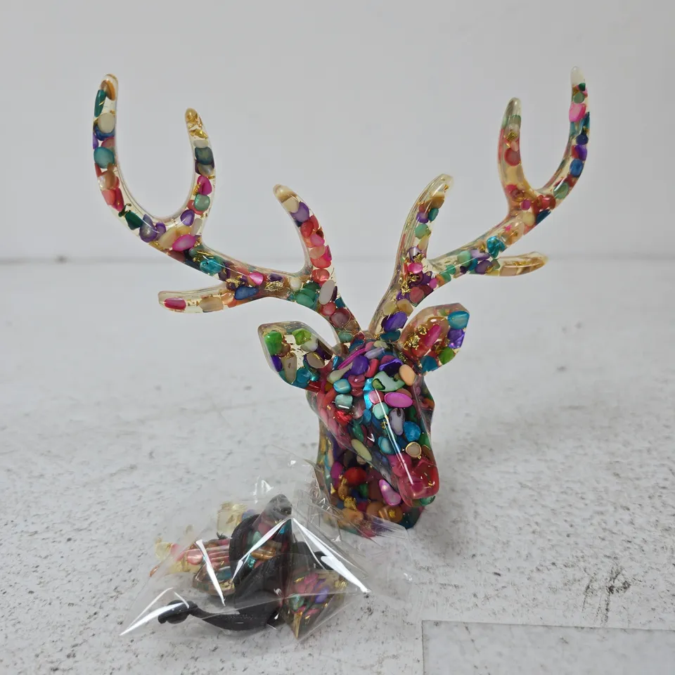 COLORFUL BEADED RESIN DEER HEAD SCULPTURE 