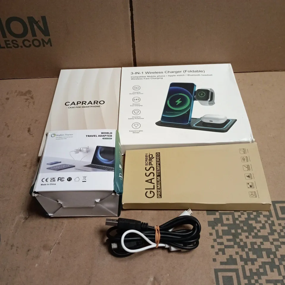 TOTE OF APPROXIMATELY 20 ASSORTED PHONE RELATED ITEMS TO INCLUDE 3 IN 1 WIRELESS CHARGER, TRAVEL ADAPTER, CASES, CABLES ETC