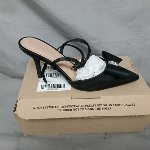 NEW LOOK COMFORT WOMEN'S BLACK SATIN BOW SANDAL WITH RHINESTONE – HIGH HEEL. UK SIZE 7