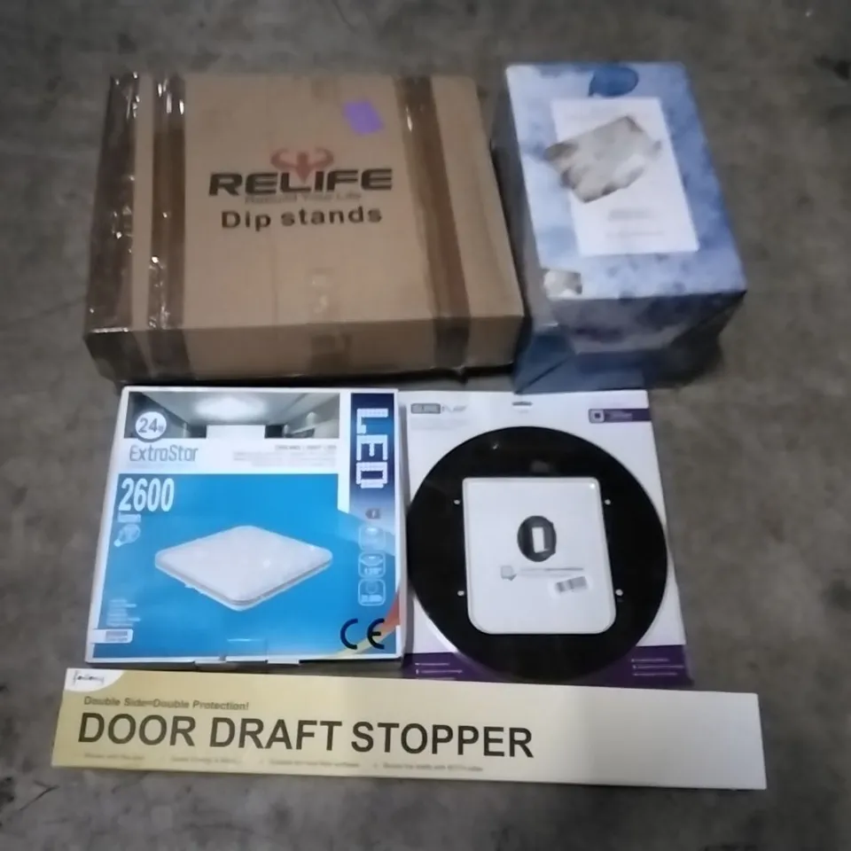PALLET CONTAINING ASSORTED PRODUCTS INCLUDING DIP STAND, ALKALINE WATER COUNTER TOP UNIT, CEILING LIGHT LED, MOUNTING ADAPTOR & DOOR DRAFT STOPPER