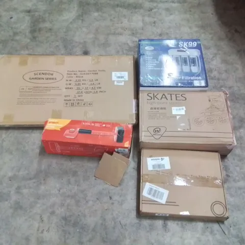 PALLET OF ASSORTED ITEMS TO INCLUDE: UNDERSINK WATER FILTRATION SYSTEM, ROLLER SKATES, WOODEN TWO STEP STOOLS, CARPET KNEE KICKER, GARDEN TRELLIS ECT