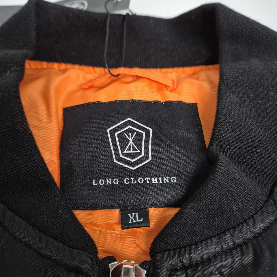 LONG CLOTHING BOMBER JACKET – BLACK SATIN, ORANGE LINING, XL