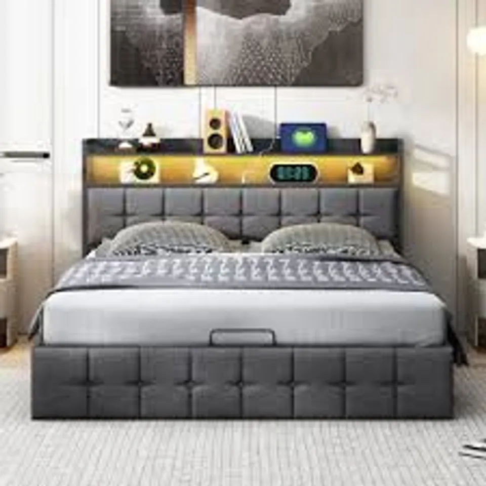 BOXED BLACK PU OTTOMAN STORAGE BED WITH LED, USB & AND HEADBOARD STORAGE (1 BOX)