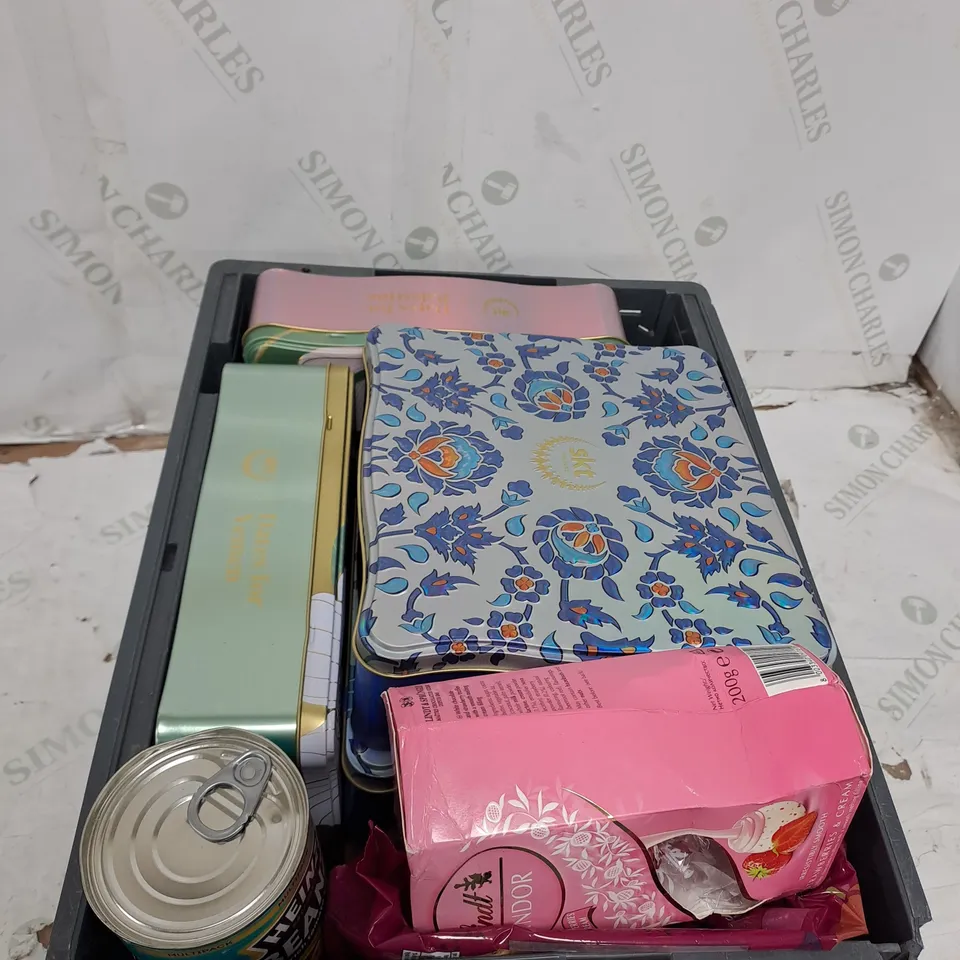 TOTE OF ASSORTED FOOD AND DRINK TOO INCLUDE BEANS , LINDOR , DATES , ETC 