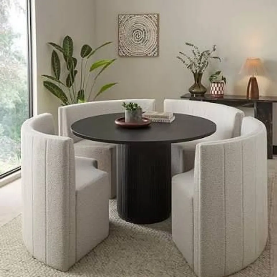 BOXED CARINA ROUND DINING TABLE IN BLACK WITH 4 CHAIRS IN NATURAL BOUCLE (4 BOXES)