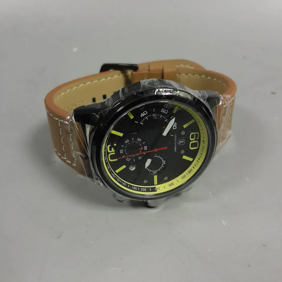 MENS LOUIS LACOMBE CHRONGRAPH WATCH – 3 SUB DIALS – BLACK CASE – LEATHER STRAP