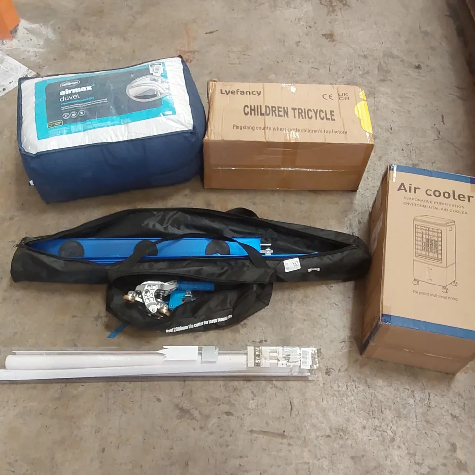 PALLET OF ASSORTED ITEMS INCLUDING: AIR COOLER, RAIZI 2300MM TILE CUTTER, CHILDREN'S TRICYCLE, SILENTNIGHT AIRMAX DUVET ECT