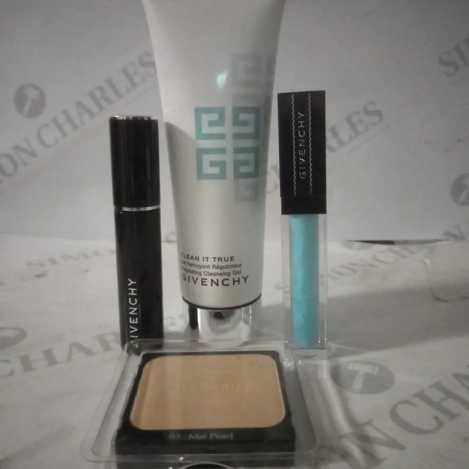 BOX OF APPROX 10 ASSORTED GIVENCHY TESTER PRODUCTS TO INCLUDE REGULATING CLEANSING GEL, MASCARA #DEEP BLACK, LIPGLOSS #VIBRANT BLUE, ETC 