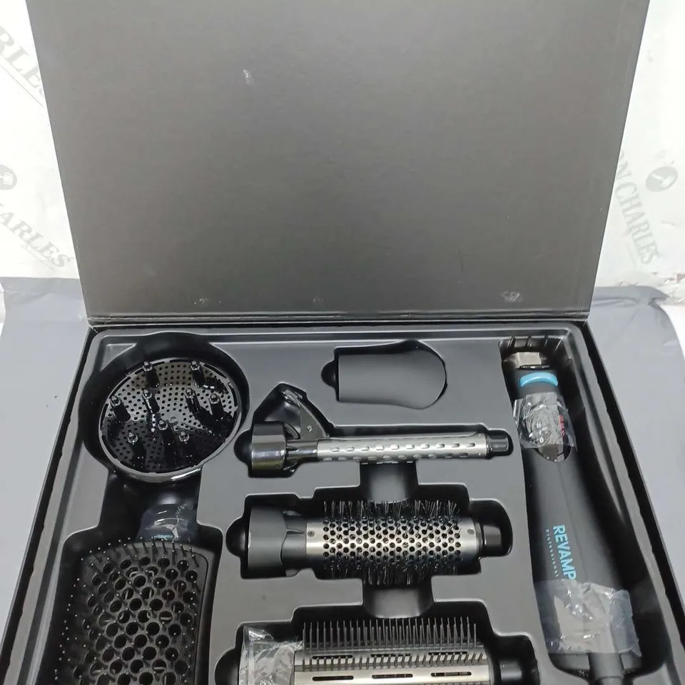 BOXED LOT OF APPROXIMATELY 15 REVAMP HAIR CARE PRODUCTS TO INCLUDE STRAIGHTENERS AND HAIRDRYERS