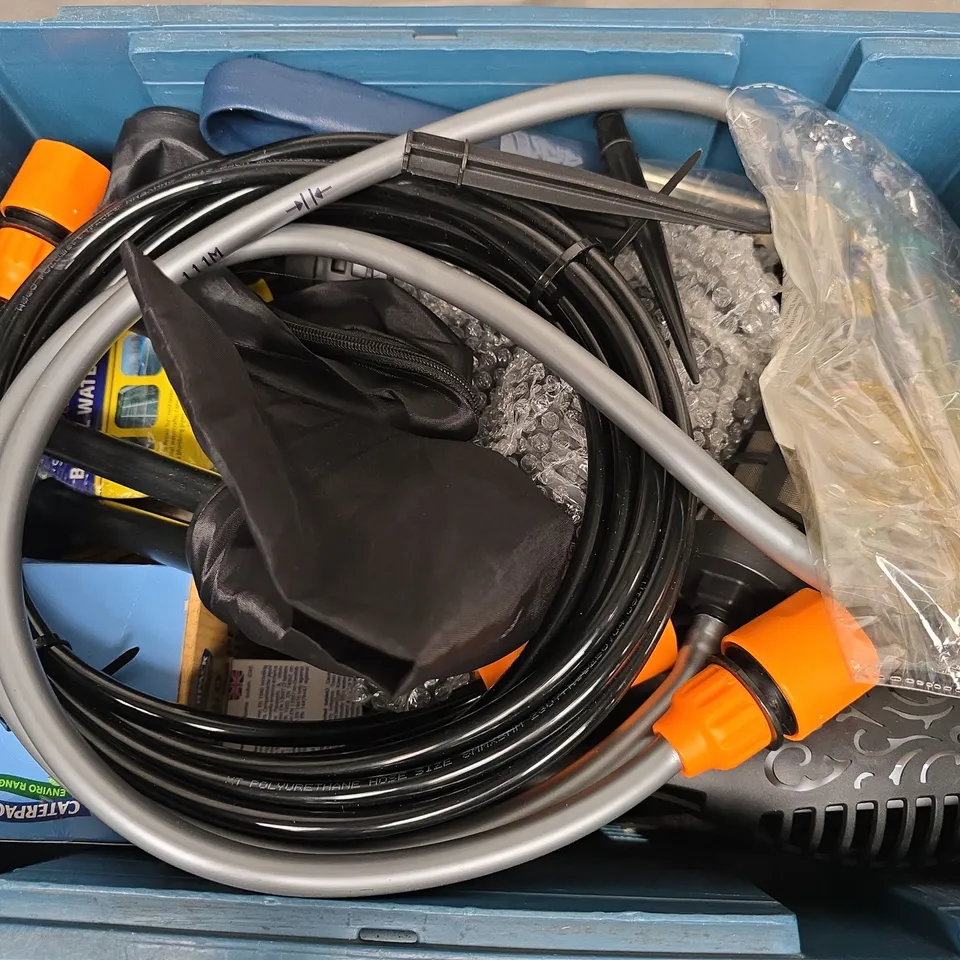 APPROXIMATELY 12 ASSORTED HOUSEHOLD ITEMS TO INCLUDE PAPER COCKTAIL STRAWS, WEATHERPROOF TAPE, HOSE, ETC