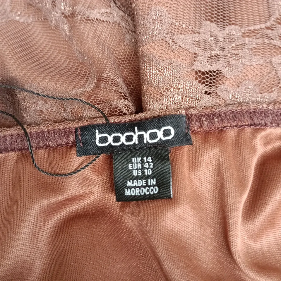 BOOHOO PETITE LACE HALTER NECK MAXI DRESS – CHOCOLATE, UK 14