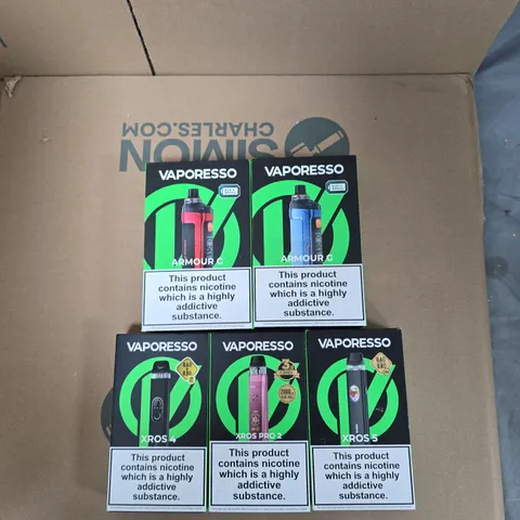 BOX OF APPROXIMATELY 30 ASSORTED E-CIGARETTES AND ACCOMPANIMENTS TO INCLUDE: VARIOUS VAPORESSO KITS 