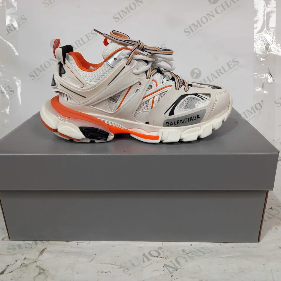 BOXED PAIR OF BALENCIAGA TRAINERS IN CREAM/ORANGE UK SIZE 4