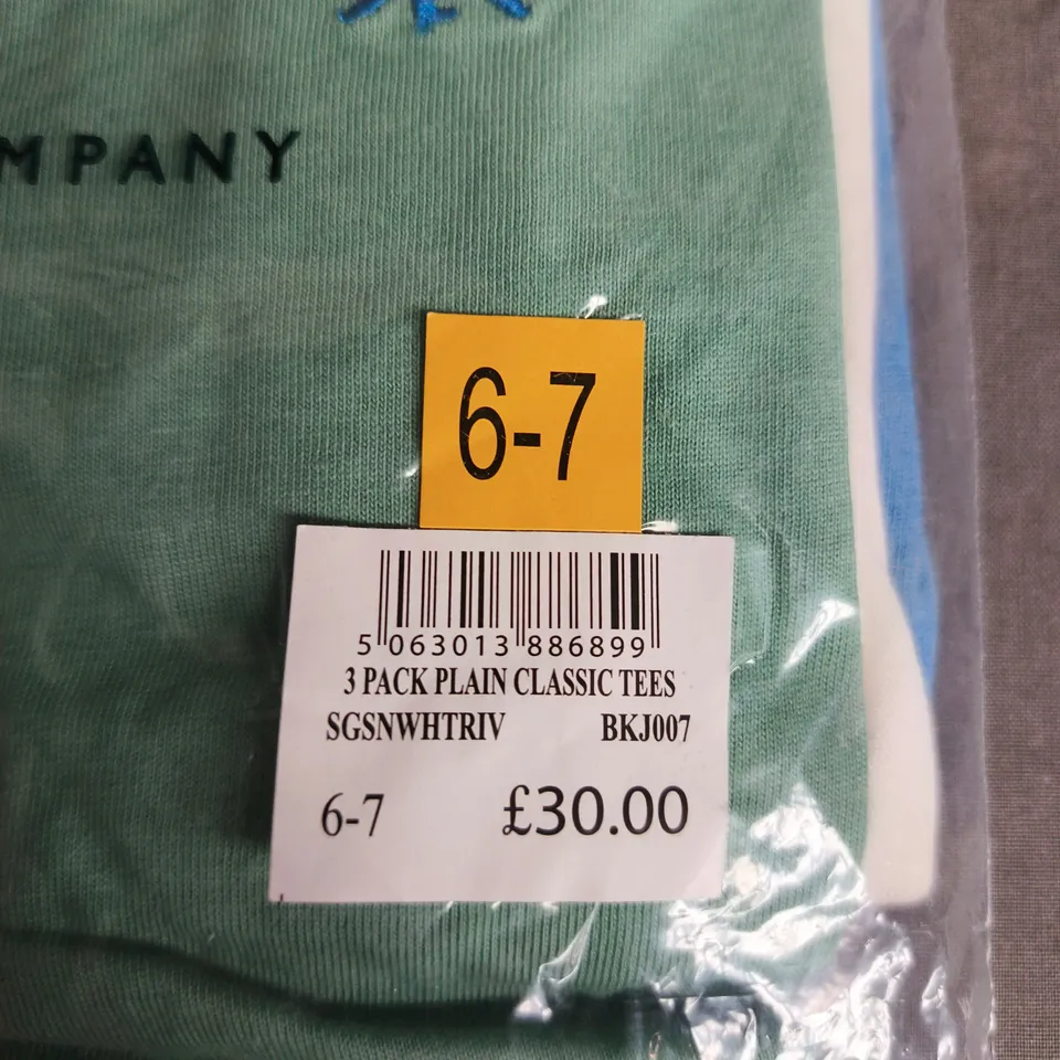 CREW CLOTHING COMPANY 3 PACK PLAIN CLASSIC TEES – KIDS, SIZE 6-7 (BKJ007)