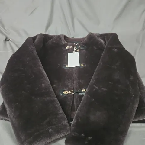 ZARA WOMEN'S DARK BROWN FAUX FUR CAPE/COAT WITH TOGGLE CLOSURES β SIZE M