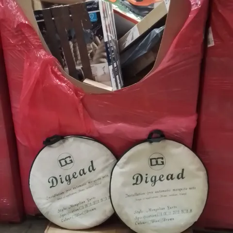 PALLET CONTAINING VARIOUS ASSORTED HOUSEHOLD ITEMS TO INCLUDE: MOSQUITO NETS, PLAYPENS, PLAYMAT, LAWN MOWER AND LOTS MORE UNMARKED BOXED ITEMS 